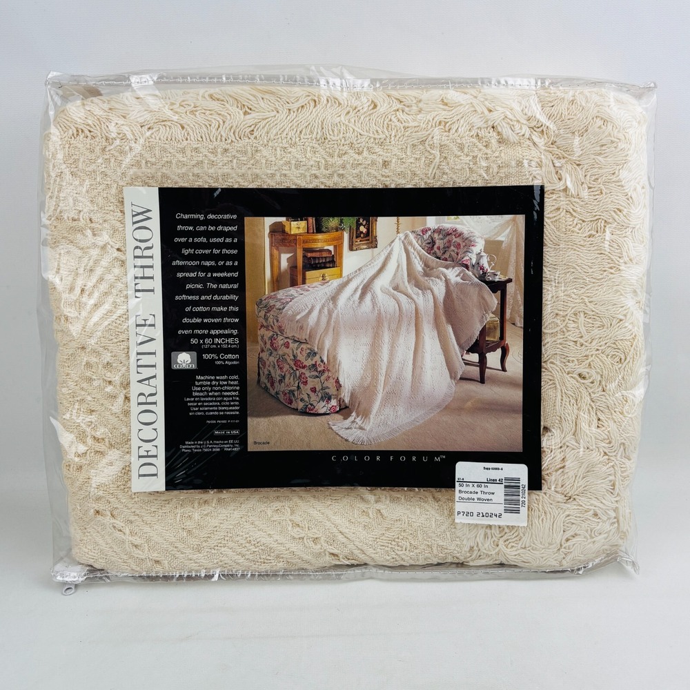 Color Forum‎ Ivory Brocade Decorative Fringe Throw Blanket 100% Cotton 50x60 NOS